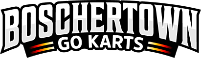 White text on a black background reads Boschertown Go Karts in bold, arched letters. Below, two small red and yellow lines are placed on each side of the words Go Karts, representing St. Charles’ favorite spot for racing thrills.