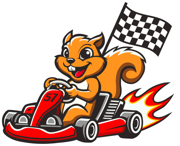 A cartoon squirrel drives a red go-kart with the number 57 at Boschertown Go Karts in St. Charles, waving a black-and-white checkered flag as flames shoot from the back. The excited squirrel looks happy and ready to race!.