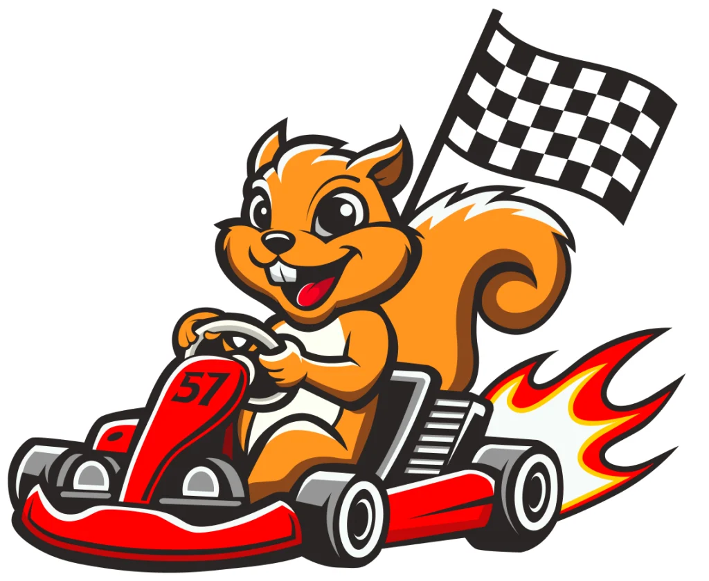 A cartoon squirrel drives a red go-kart with the number 57 at Boschertown Go Karts in St. Charles, holding a checkered flag. Flames shoot out from the back as the squirrel zooms by with a big smile on its face.