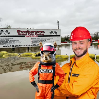 A smiling man in an orange jumpsuit and red hard hat stands next to a costumed squirrel racer, with a flooded Go Karts track and a Boschertown Go Karts sign in St. Charles visible in the background.
